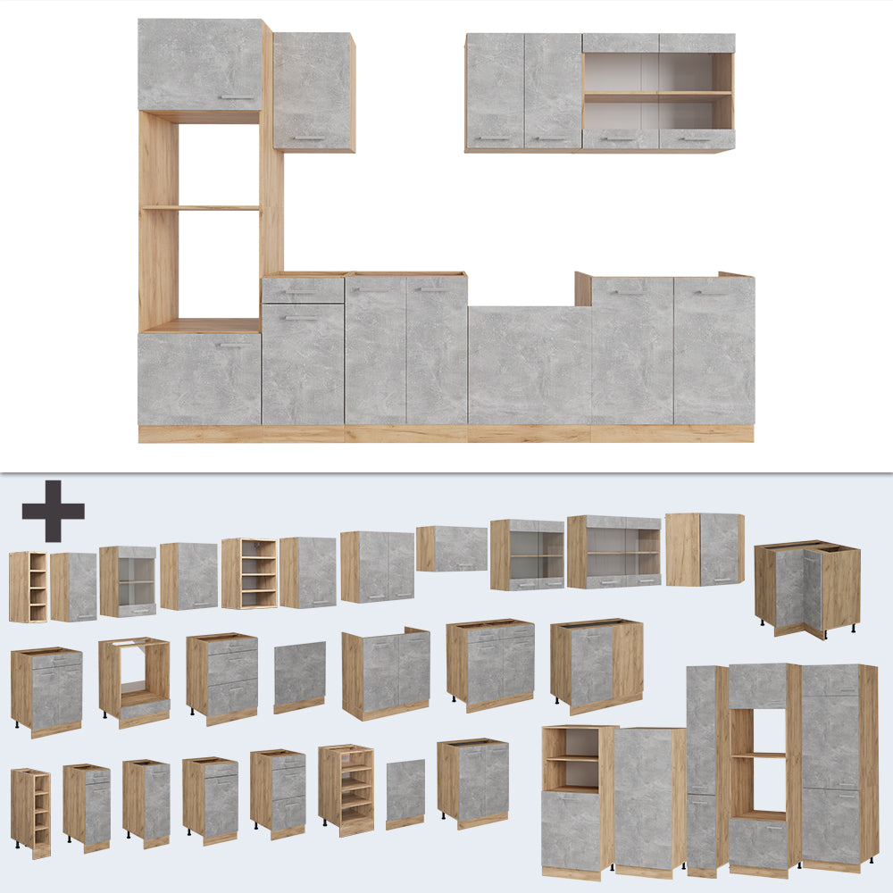 Vicco Cucina componibile Calcestruzzo/quercia dorata 300 cm con armadio alto, PL Rovere