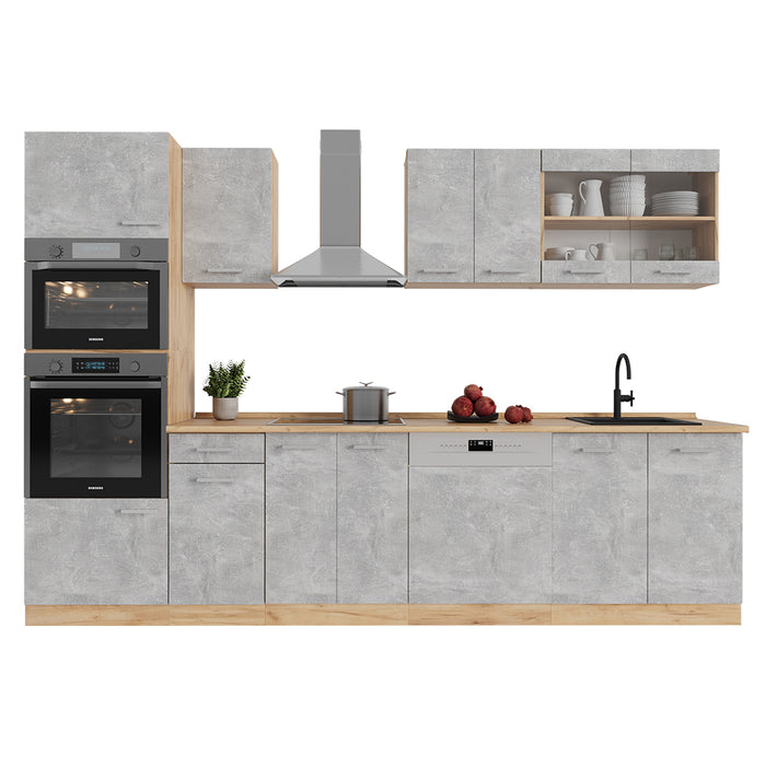 Vicco Cucina componibile Calcestruzzo/quercia dorata 300 cm con armadio alto, PL Marmo