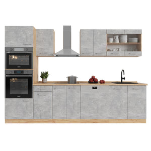 Vicco Cucina componibile Calcestruzzo/quercia dorata 300 cm con armadio alto, senza piano di lavoro