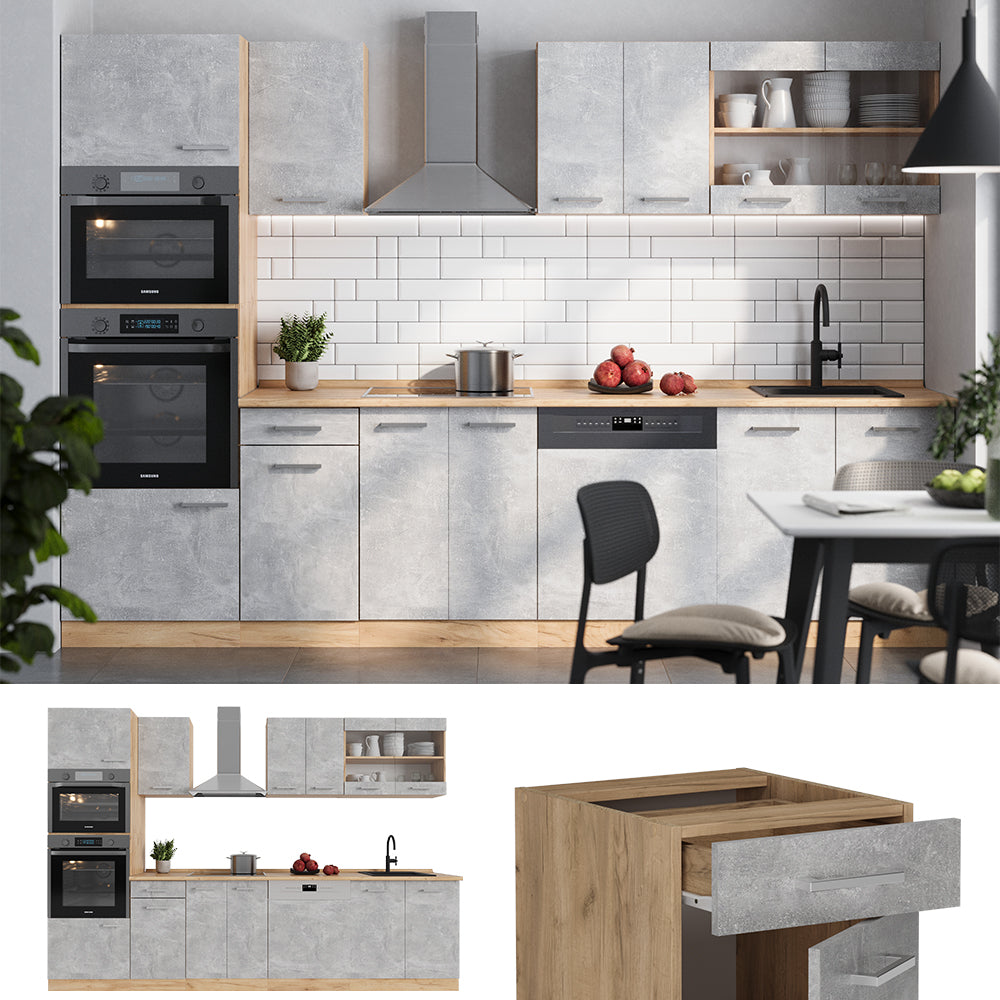 Vicco Cucina componibile Calcestruzzo/quercia dorata 300 cm con armadio alto, PL Rovere