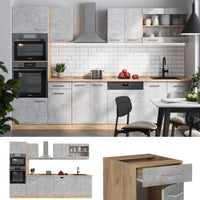 Vicco Cucina componibile Calcestruzzo/quercia dorata 300 cm con armadio alto, PL Rovere