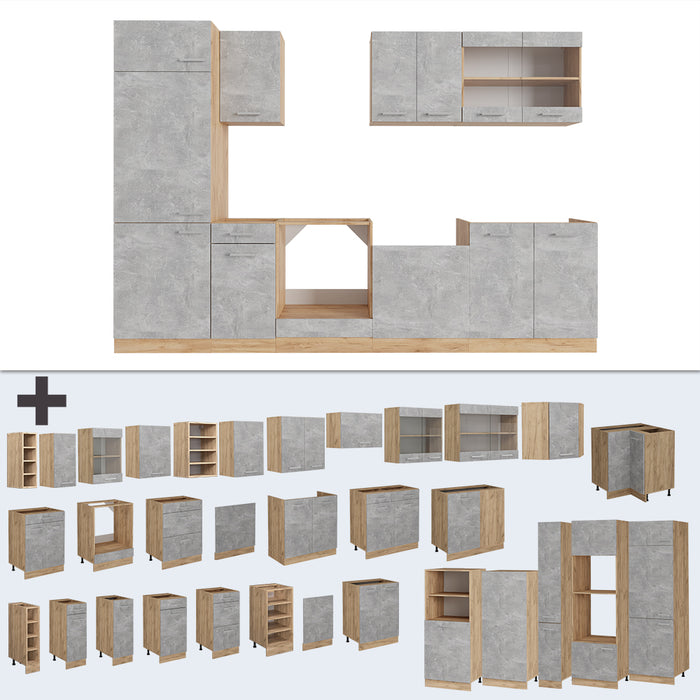Vicco Cucina componibile Calcestruzzo/quercia dorata 300 cm senza piano di lavoro