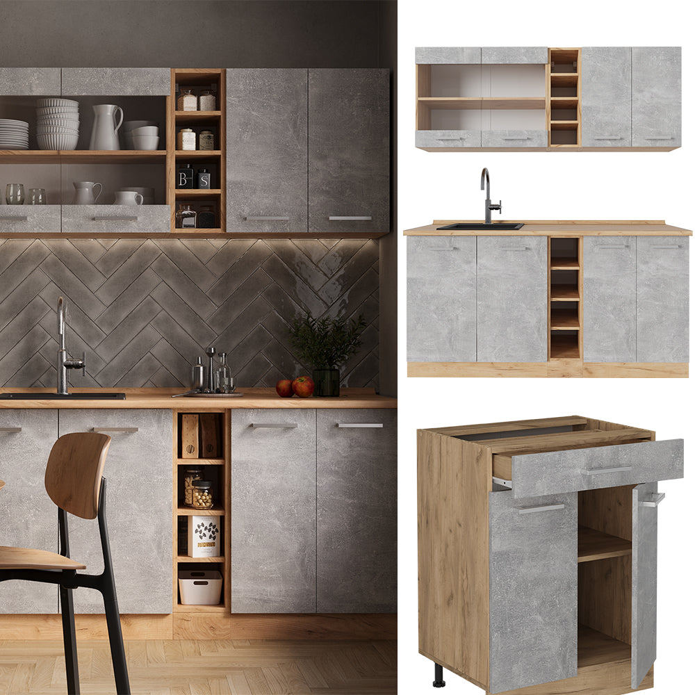 Vicco Cucina completa Calcestruzzo/quercia dorata 160 cm senza piano di lavoro