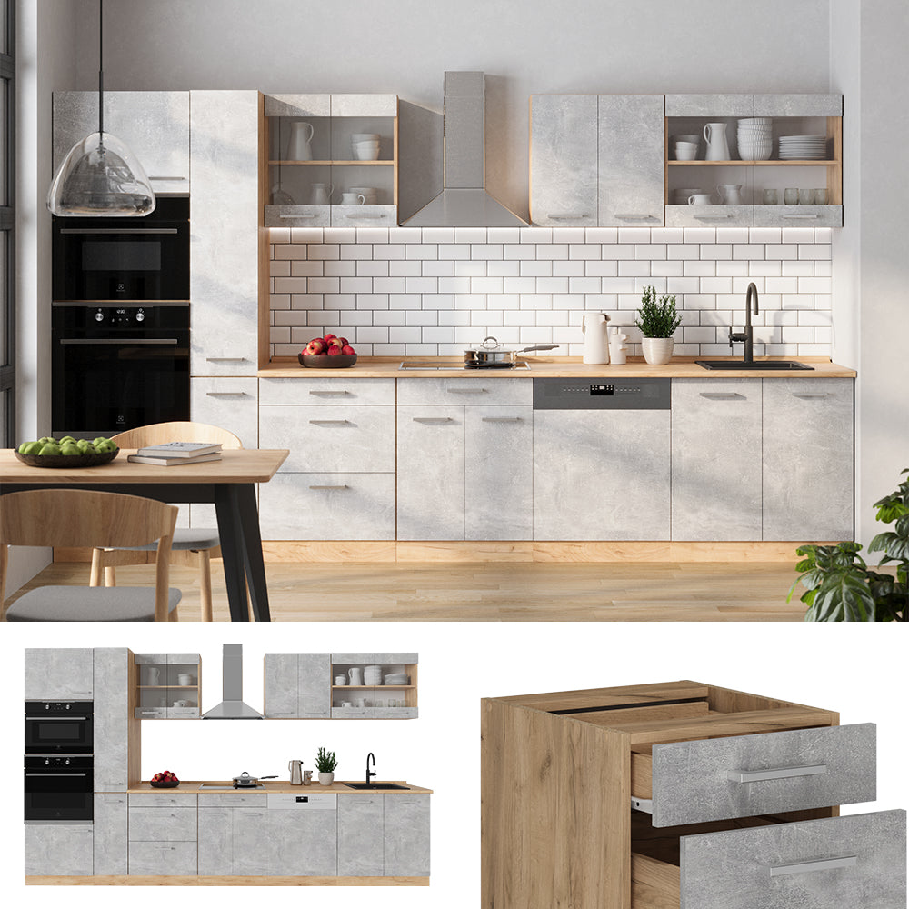 Vicco Cucina completa  Calcestruzzo/quercia dorata 350 cm , PL Rovere