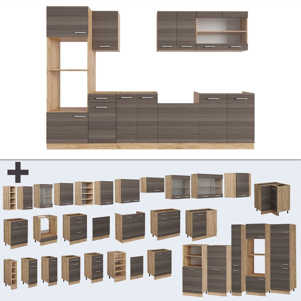 Vicco Cucina componibile Grigio nobile/rovere dorato 300 cm con armadio alto, PL Rovere