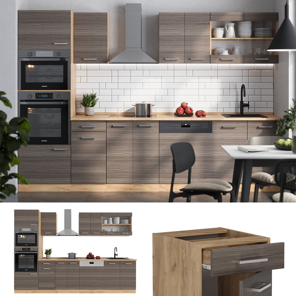 Vicco Cucina componibile Grigio nobile/rovere dorato 300 cm con armadio alto, PL Antracite
