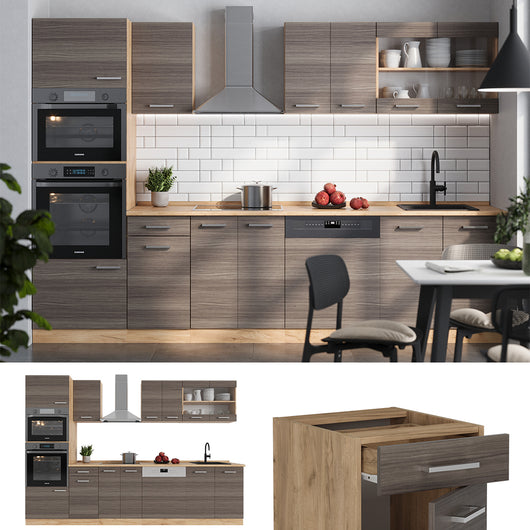 Vicco Cucina componibile Grigio nobile/rovere dorato 300 cm con armadio alto, PL Marmo