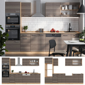 Vicco Cucina componibile Grigio nobile/rovere dorato 300 cm con armadio alto, PL Antracite