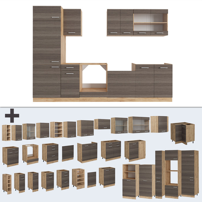 Vicco Cucina componibile Grigio nobile/rovere dorato 300 cm senza piano di lavoro