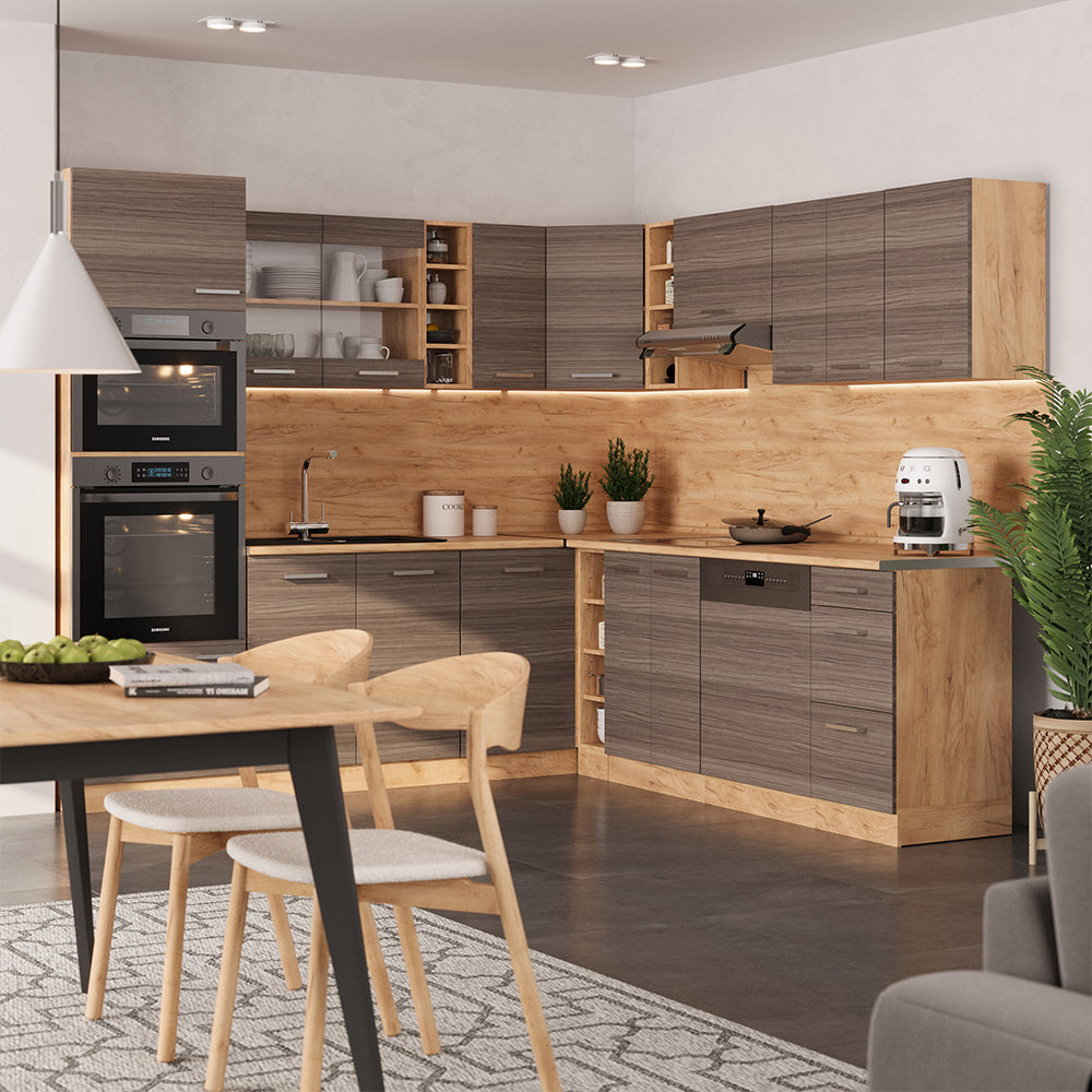 Vicco Cucina angolare completa Grigio nobile/rovere dorato 237 x 60 cm senza piano di lavoro