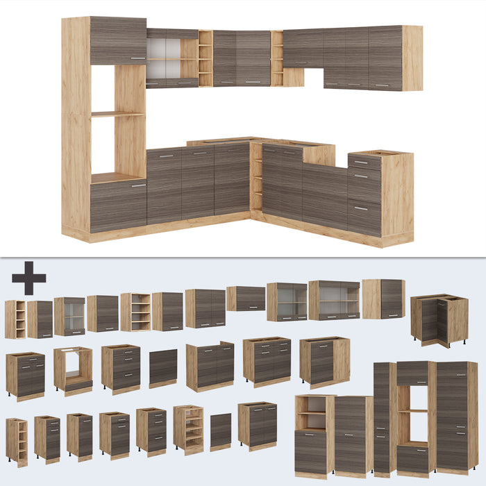 Vicco Cucina angolare completa Grigio nobile/rovere dorato 237 x 60 cm senza piano di lavoro