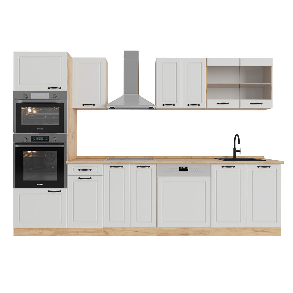 Vicco Cucina componibile Casa di campagna bianca/quercia dorata 300 cm con armadio alto, PL Rovere