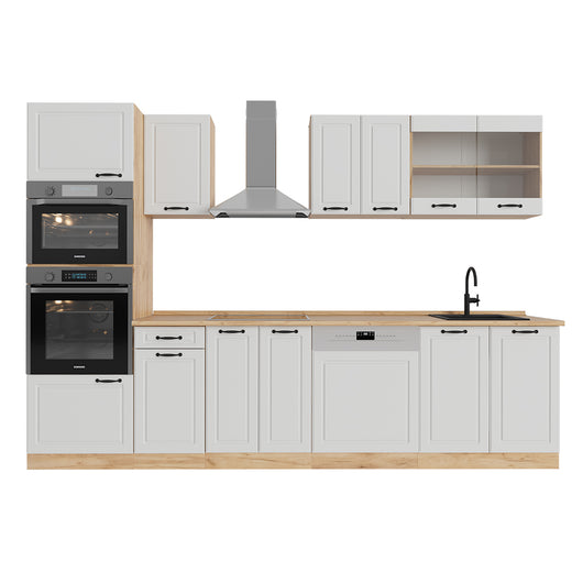 Vicco Cucina componibile Casa di campagna bianca/quercia dorata 300 cm con armadio alto, PL Rovere