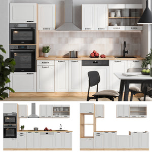 Vicco Cucina componibile Casa di campagna bianca/quercia dorata 300 cm con armadio alto, PL Marmo