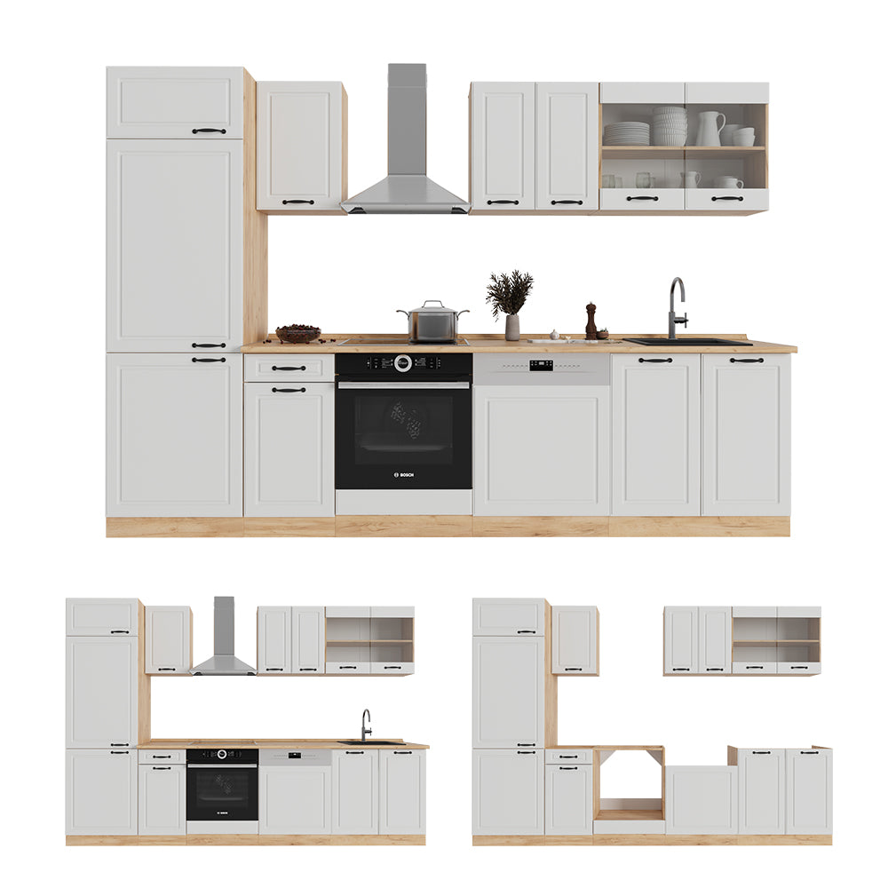 Vicco Cucina componibile Casa di campagna bianca/quercia dorata 300 cm senza piano di lavoro