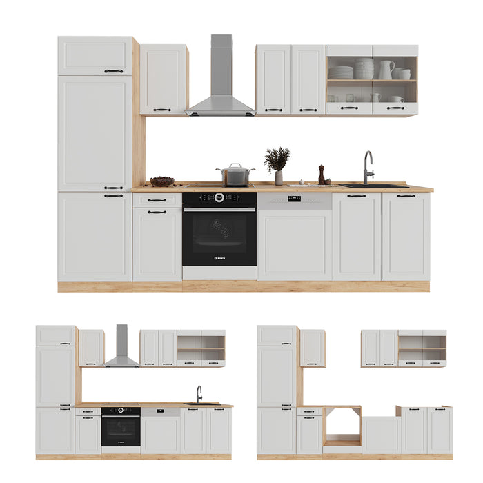 Vicco Cucina componibile Casa di campagna bianca/quercia dorata 300 cm senza piano di lavoro