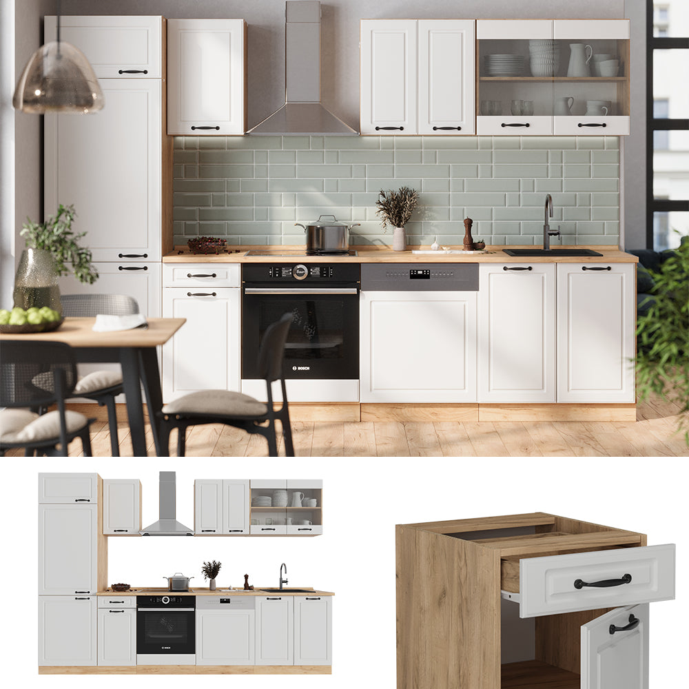 Vicco Cucina componibile Casa di campagna bianca/quercia dorata 300 cm senza piano di lavoro