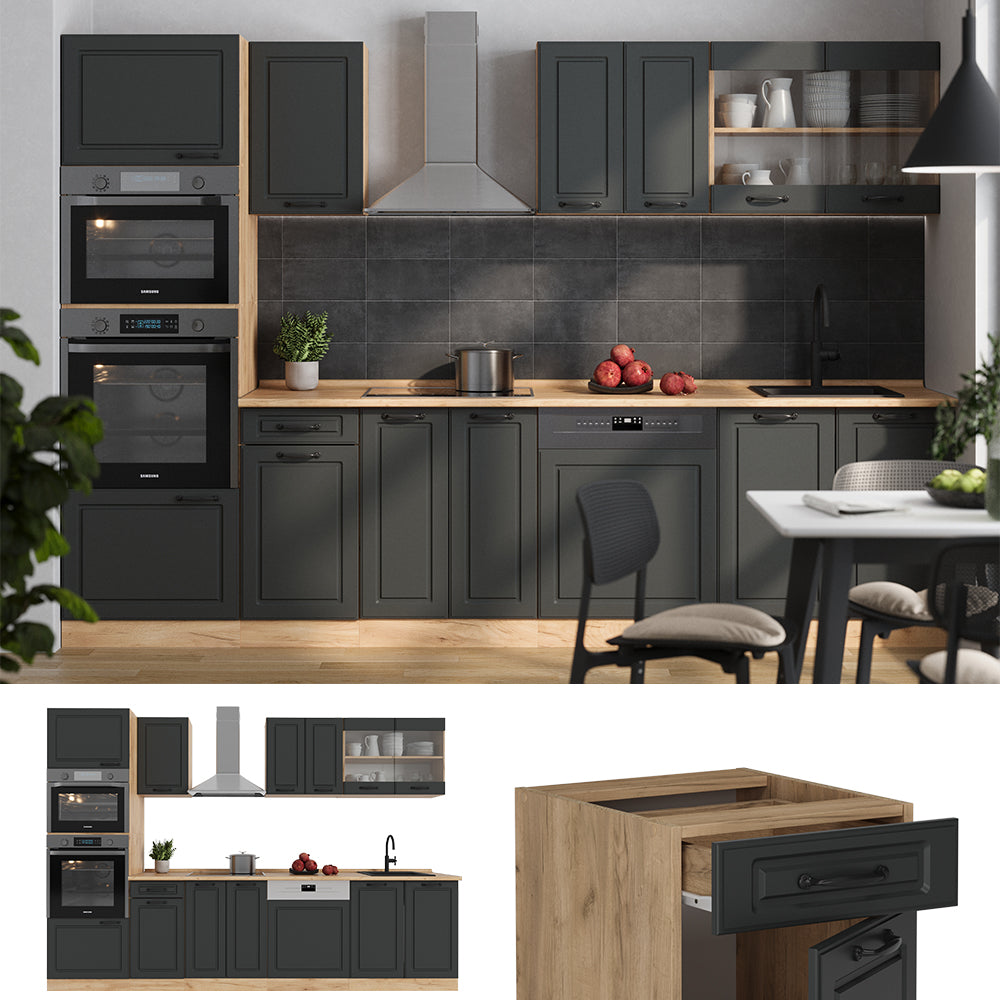 Vicco Cucina componibile Antracite casa di campagna/rovere dorato 300 cm con armadio alto, senza piano di lavoro
