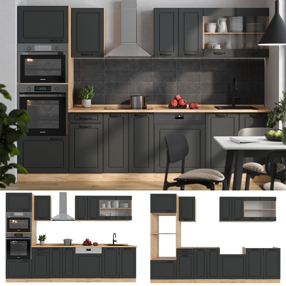 Vicco Cucina componibile Antracite casa di campagna/rovere dorato 300 cm con armadio alto, senza piano di lavoro