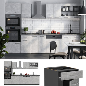 Vicco Cucina componibile Calcestruzzo/antracite 300 cm con armadio alto, PL Rovere