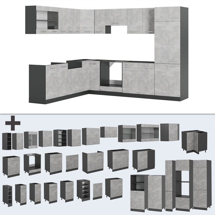 Vicco Cucina angolare completa Calcestruzzo/antracite 227 x 287 cm senza piano di lavoro