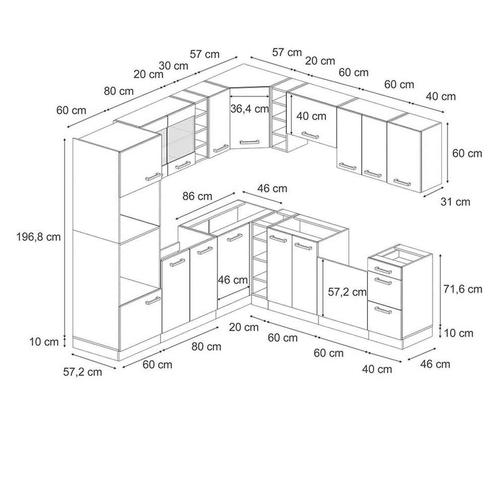 Vicco Cucina angolare completa Calcestruzzo/antracite 237 x 60 cm senza piano di lavoro