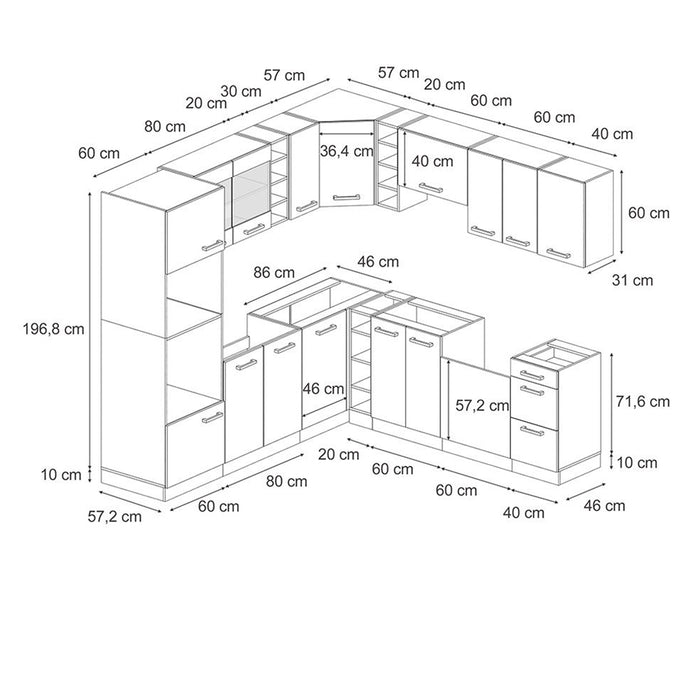 Vicco Cucina angolare completa Calcestruzzo/antracite 237 x 60 cm senza piano di lavoro