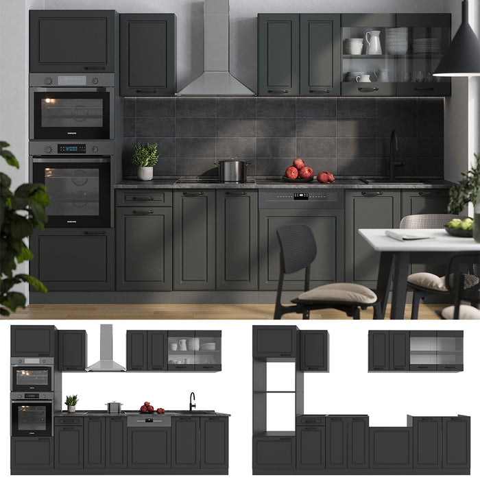 Vicco Cucina componibile Casa di campagna antracite/antracite 300 cm con armadio alto, PL Marmo