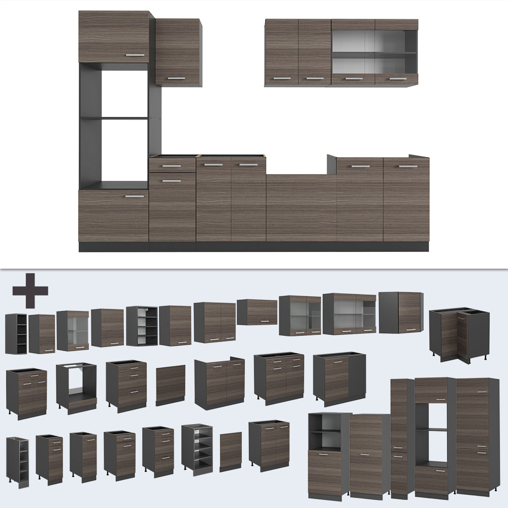Vicco Cucina componibile Grigio nobile/antracite 300 cm con armadio alto, PL Rovere