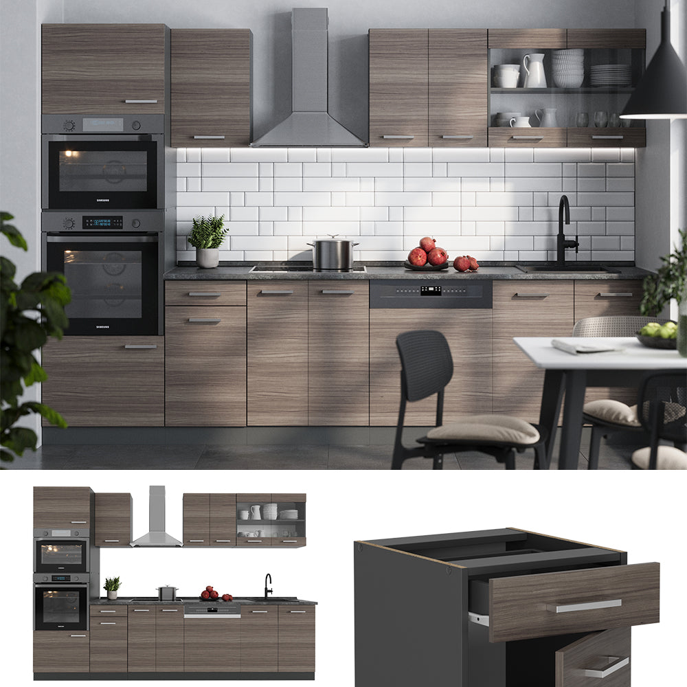 Vicco Cucina componibile Grigio nobile/antracite 300 cm con armadio alto, PL Antracite