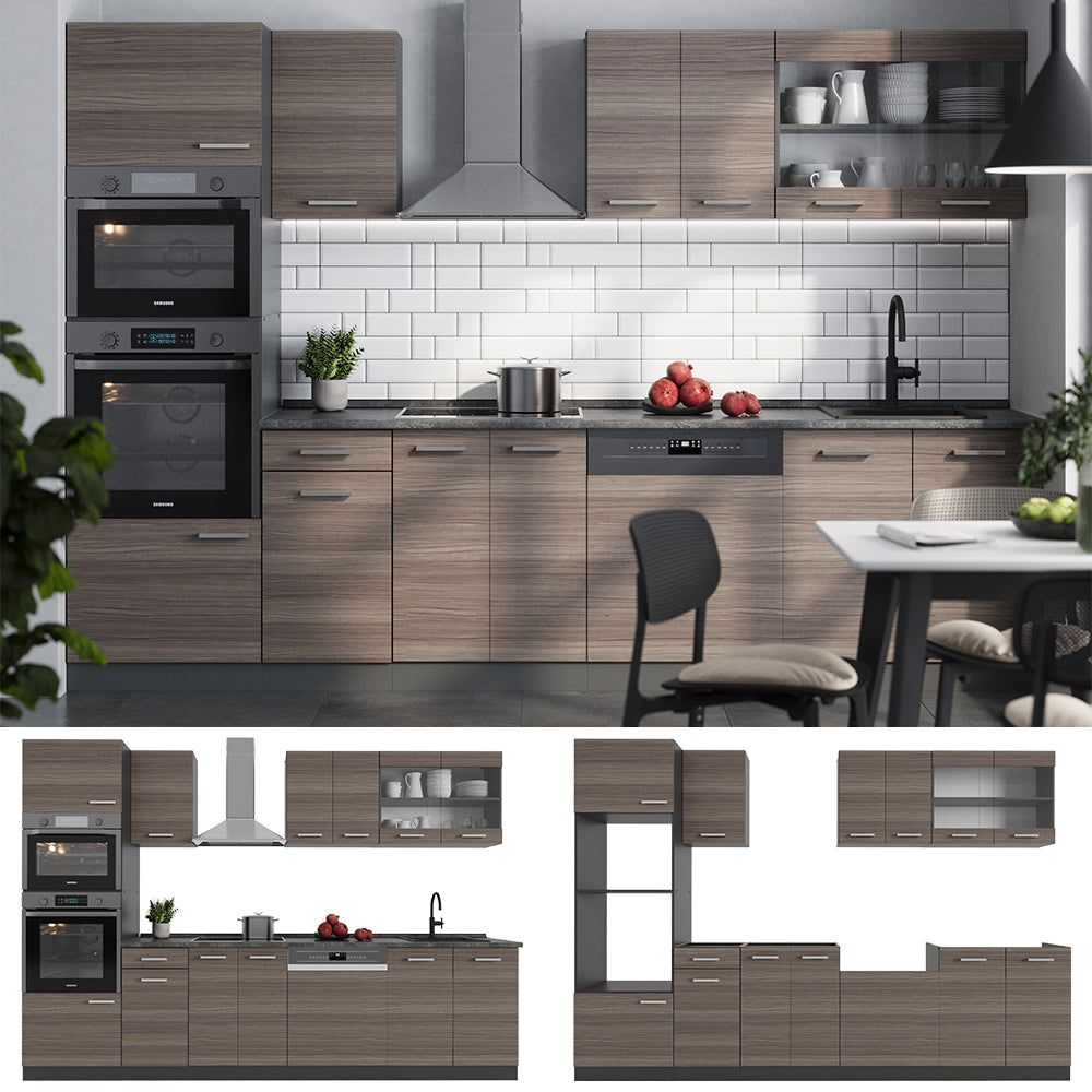 Vicco Cucina componibile Grigio nobile/antracite 300 cm con armadio alto, senza piano di lavoro