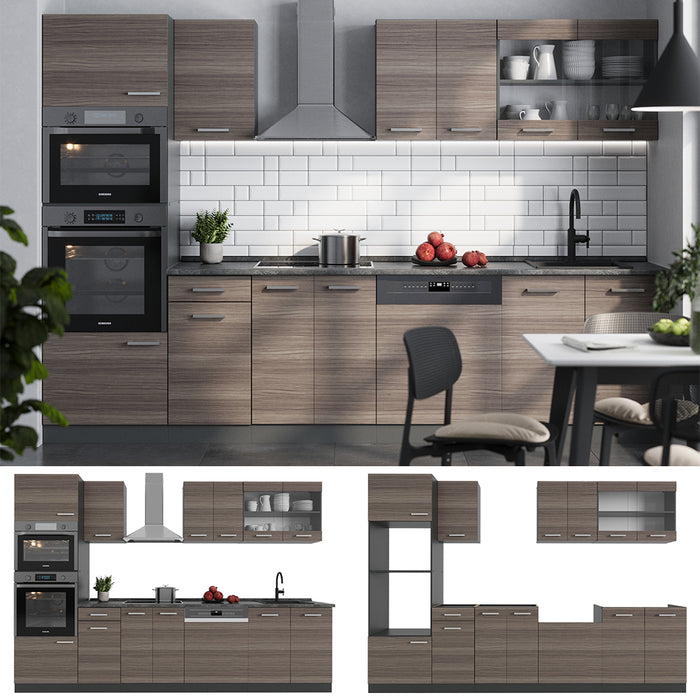 Vicco Cucina componibile Grigio nobile/antracite 300 cm con armadio alto, senza piano di lavoro