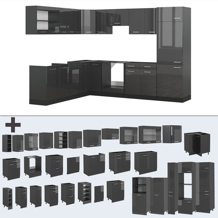 Vicco Cucina angolare completa Antracite lucido/antracite 227 x 287 cm senza piano di lavoro