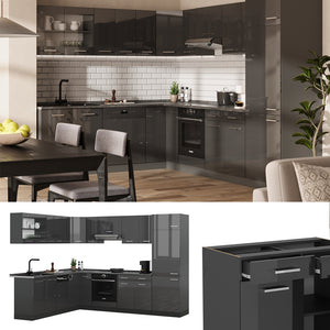 Vicco Cucina angolare completa Antracite lucido/antracite 227 x 287 cm senza piano di lavoro