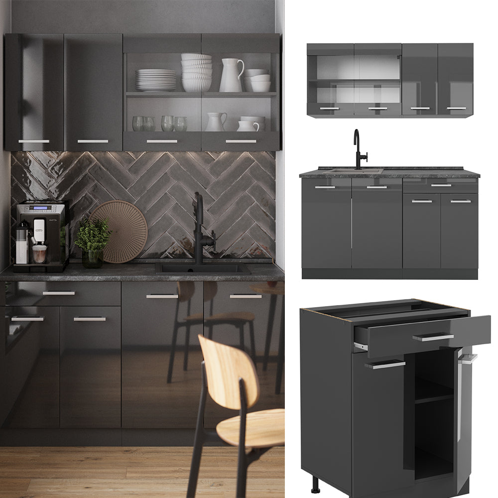 Vicco Cucina completa Antracite lucido/antracite 140 cm senza piano di lavoro