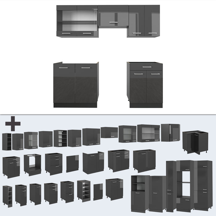 Vicco Cucina componibile Antracite lucido/antracite 200 cm senza piano di lavoro