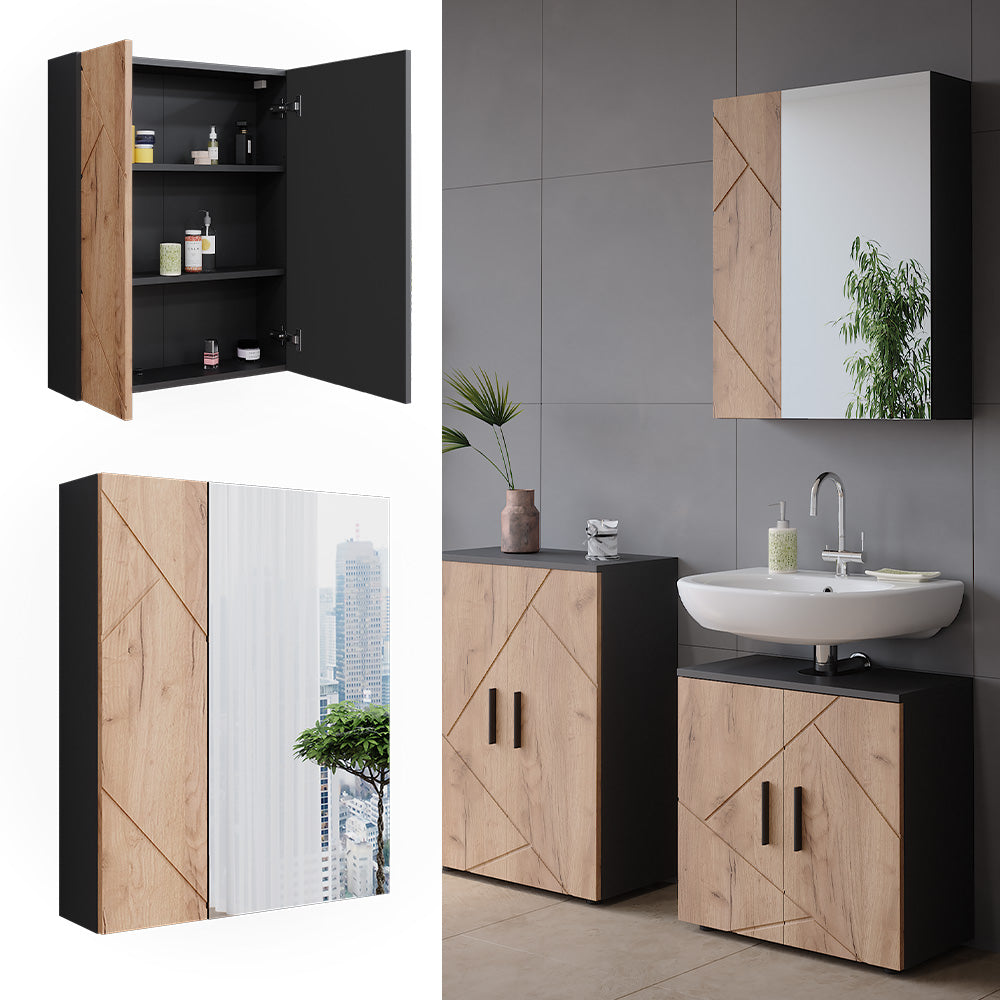 Vicco Armadietto a specchio da bagno Antracite/quercia dorata 60 x 75 cm