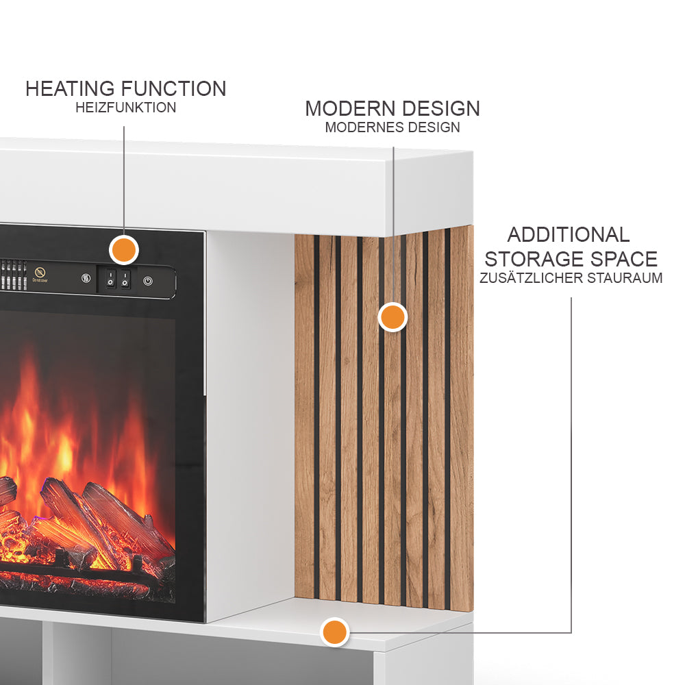 Vicco Caminetto elettrico Bianco 100 cm con effetto fiamma realistico e riscaldatore da 1800W