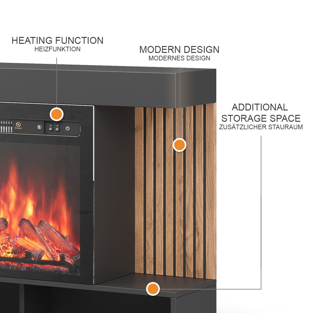 Vicco Caminetto elettrico Nero 100 cm con effetto fiamma realistico e riscaldatore da 1800W