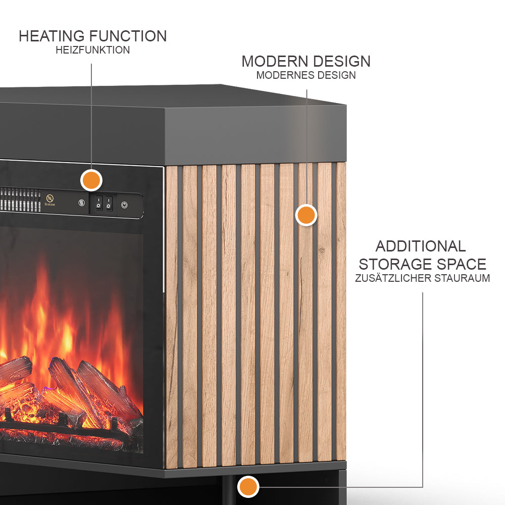 Vicco Caminetto elettrico Nero 100 cm con effetto fiamma realistico e riscaldatore da 1800W