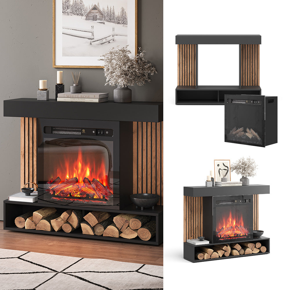 Vicco Caminetto elettrico Nero 100 cm con effetto fiamma realistico e riscaldatore da 1800W