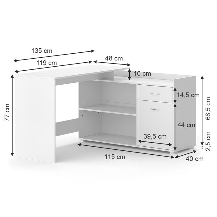 Vicco Scrivania ad angolo Bianco 135 x 77 cm con cassetto