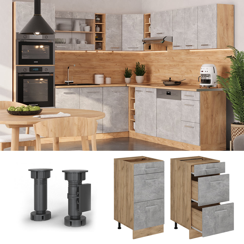 Vicco Mobiletto base per cucina Calcestruzzo 40 cm con cassetti, marmo AP