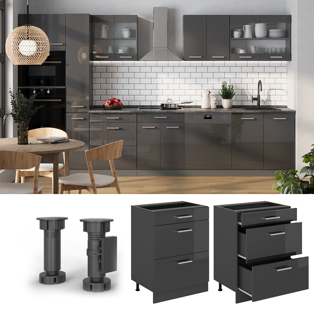 Vicco Mobiletto base per cucina Antracite lucido 60 cm con cassetti, PL Rovere