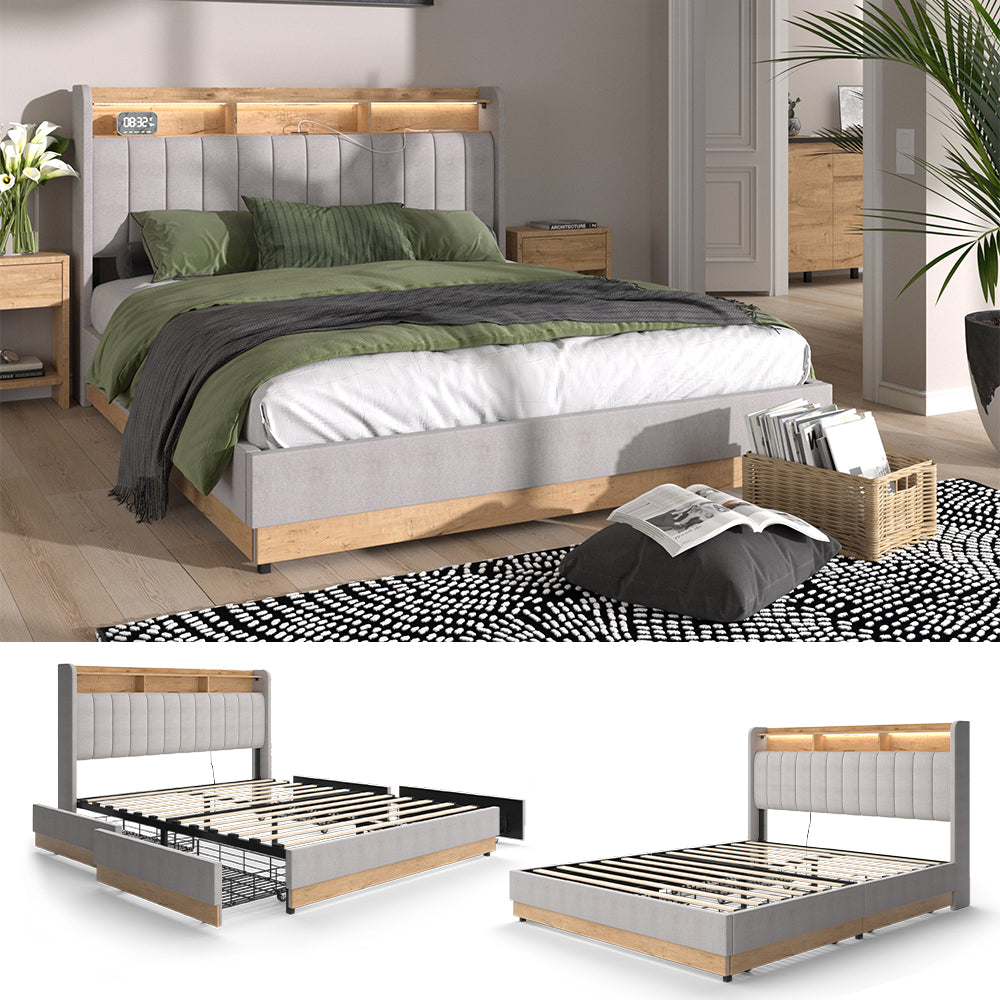 Vitalispa Letto imbottito Grigio 160x200 cm con 4 cassetti