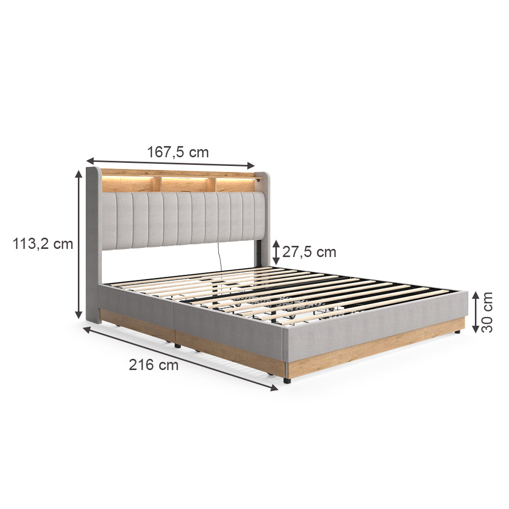 Vitalispa Letto imbottito Grigio 160x200 cm con 4 cassetti