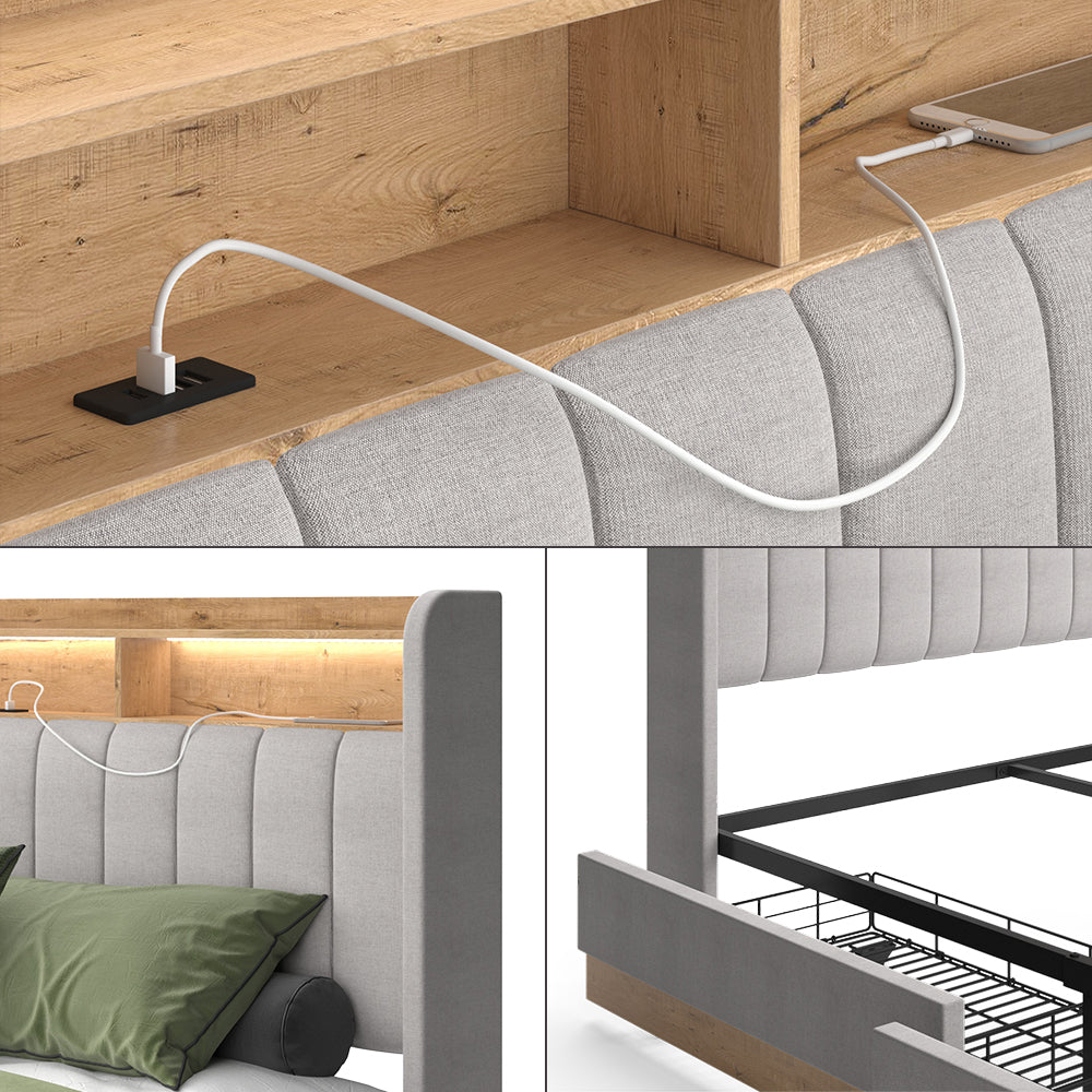 Vitalispa Letto imbottito Grigio 160x200 cm con 4 cassetti