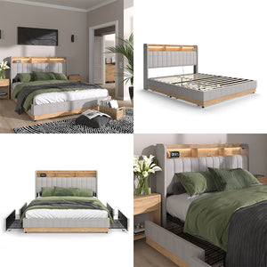 Vitalispa Letto imbottito Grigio 160x200 cm con 4 cassetti