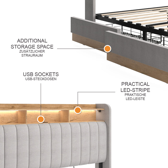 Vitalispa Letto imbottito Grigio 160x200 cm con 4 cassetti