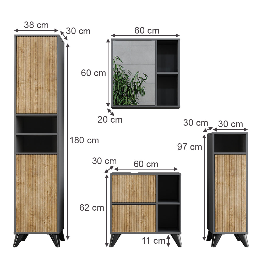 Vicco Set di mobili da bagno Antracite/quercia di montagna Set 4